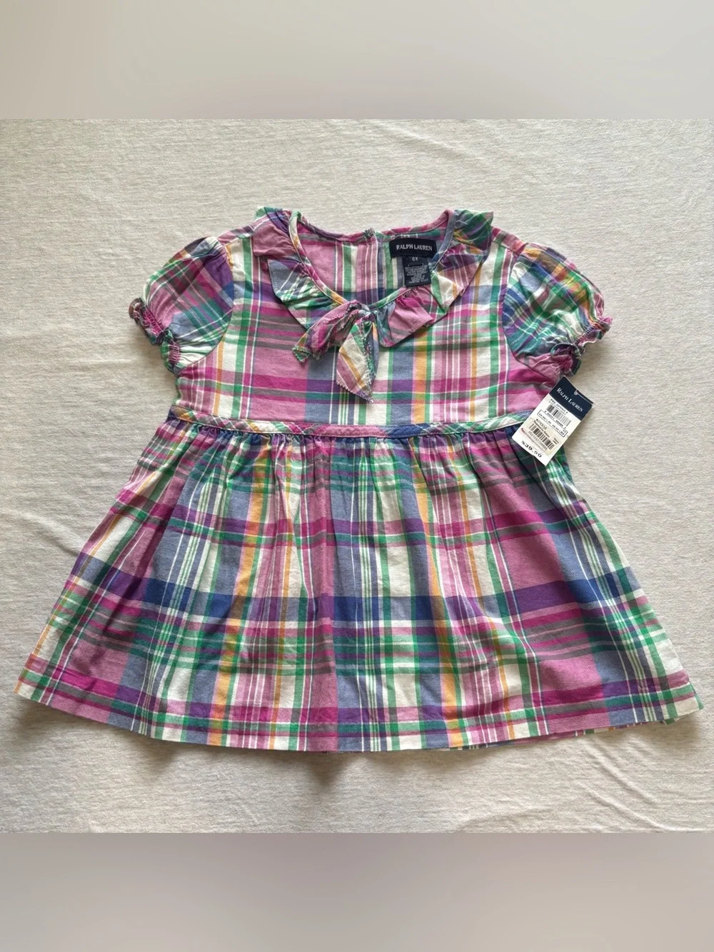 Ralph Lauren Girls 6X Plaid Shirtdress Pink Green Bow Collar NWT